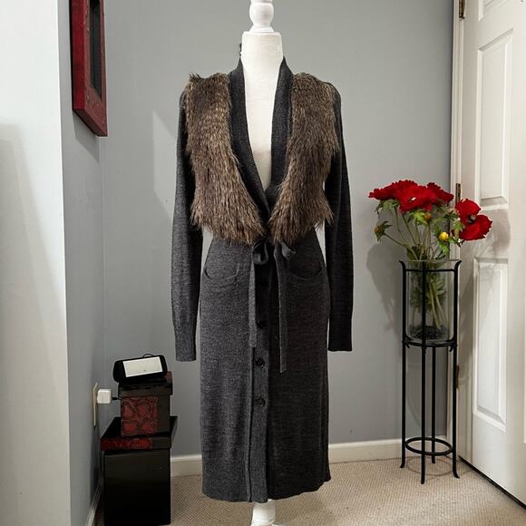NEW Ann Taylor Wool Faux Fur Longline Belted Button Maxi Cardigan Sz XS NWT - Picture 13 of 16